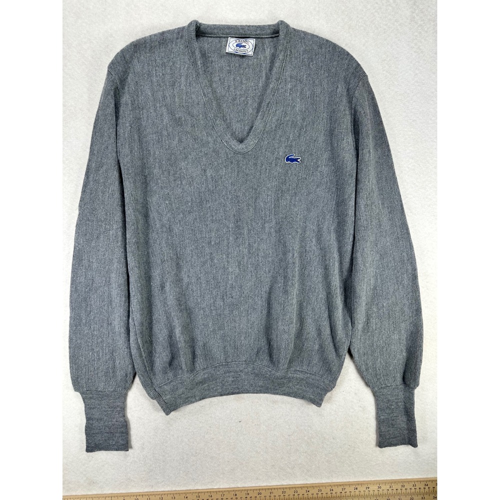 Vintage Izod Lacoste V-Neck Sweater Mens Gray Blue Croc Logo Pullover Knit